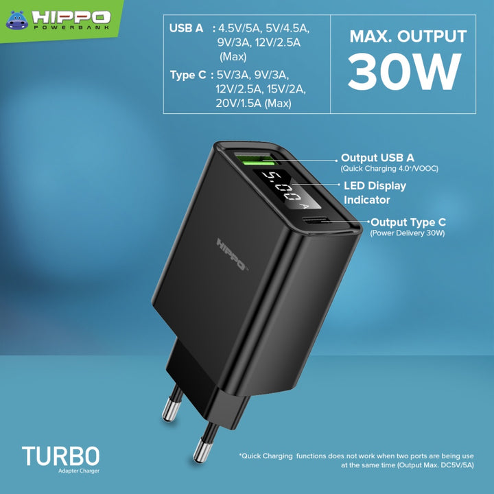 Hippo Turbo Adaptor Charger Quick Charge 4.0 PD 30W VOOC With Digital LED Kepala Charger Casan 4