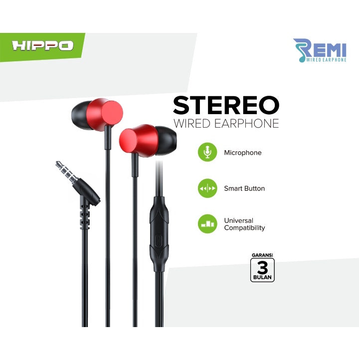 Hippo Earphone Remi Super Bass Jack 3.5 mm Wired Handsfree Android Original Earbuds Headset 2