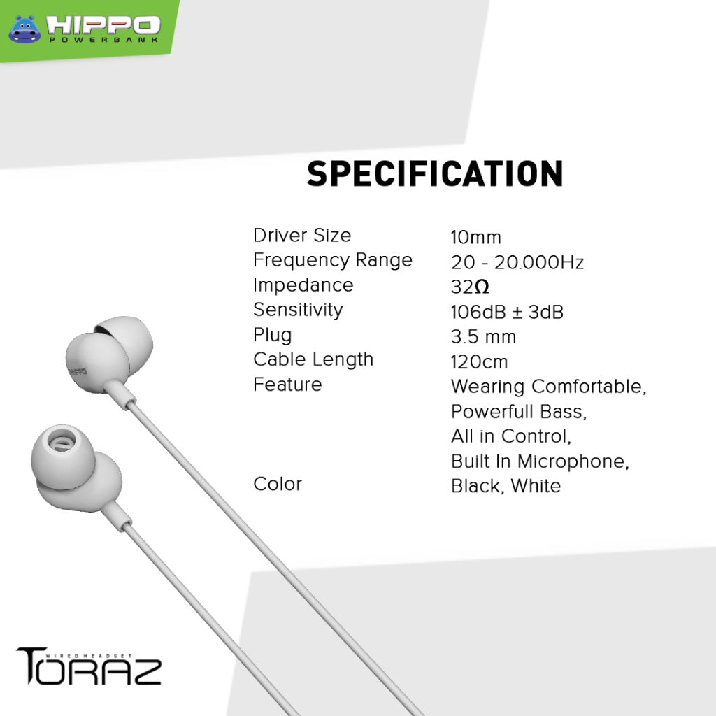 Hippo Earphone Toraz Super Bass Jack 3.5 mm Wired Handsfree Android Original Earbuds Headset 8