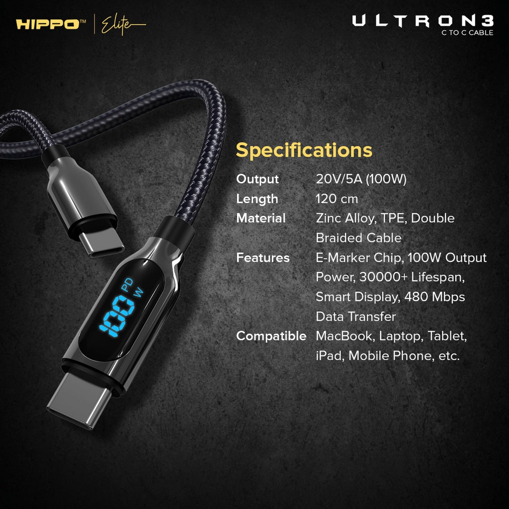 Hippo Kabel Data Super Fast Charging Ultron 3 Type C to Type C 5A 100 W 120 CM Quick Charge 3.0 Quick Charging 8