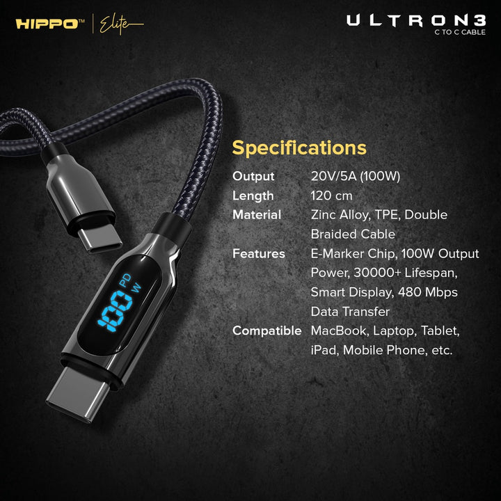 Hippo Kabel Data Super Fast Charging Ultron 3 Type C to Type C 5A 100 W 120 CM Quick Charge 3.0 Quick Charging 8