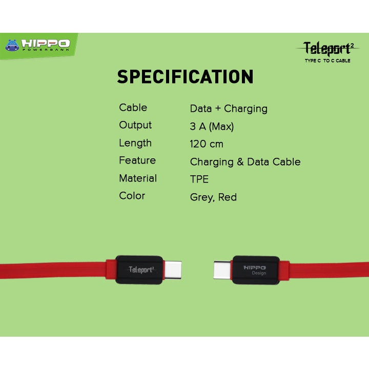 Hippo Kabel Teleport 2 C TO C Fast Charger QC 3.0 Panjang 120cm Max 3A 6