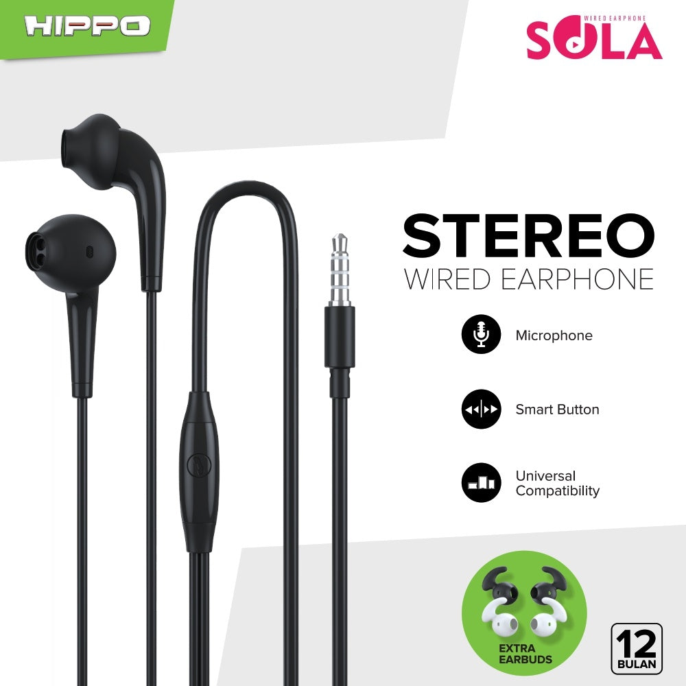 Hippo Handsfree Headset Sola Stereo Wired Earphone &amp; Microphone Universal Compatible