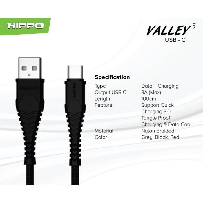 Kable Data Hippo Valley 5 Type C USB 100CM - Quick Charging 3.0 18Watt 8