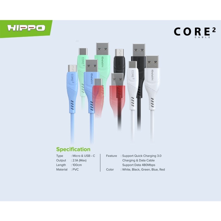 Hippo Core2 Kabel Data &amp; Cable Charger Quick Charge Fast Charging 3.0 2.1A 9