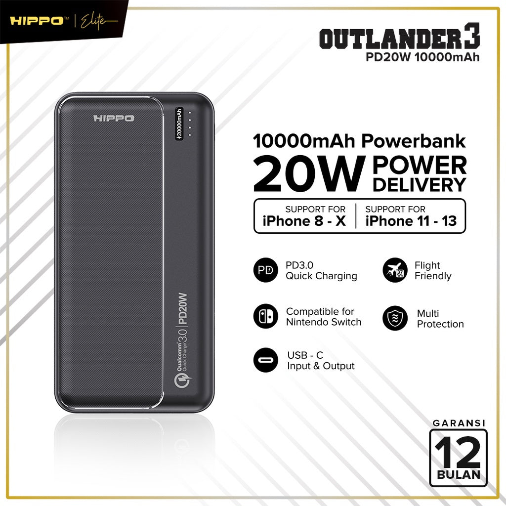 Hippo PowerBank Outlander 3 PD 20W 10000mAh Quick Fast Charging Power Bank Type C Power Delivery QC Dual Port Output USB