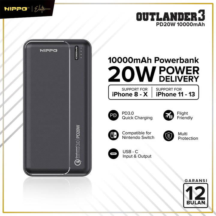 Hippo PowerBank Outlander 3 PD 20W 10000mAh Quick Fast Charging Power Bank Type C Power Delivery QC Dual Port Output USB