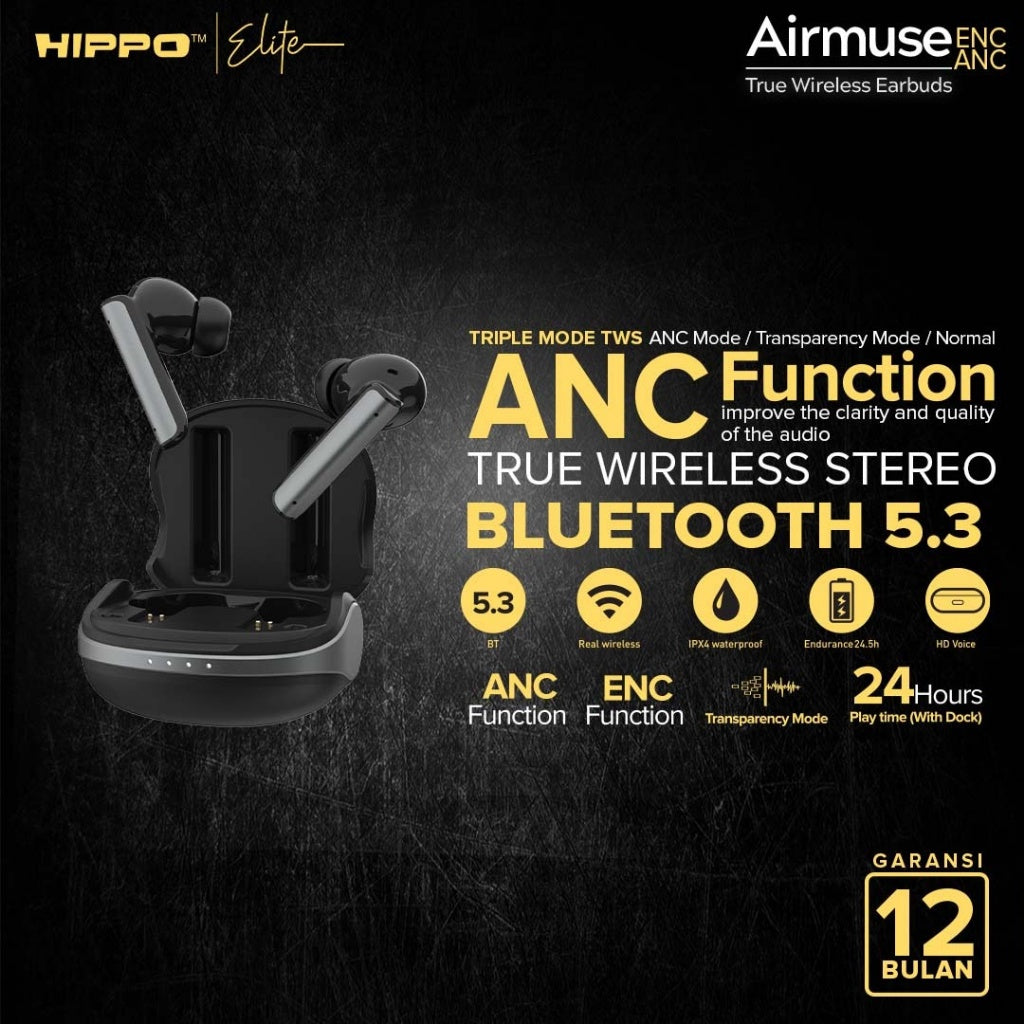 Hippo TWS Airmuse ANC &amp; ENC Bluetooth 5.3 True Wireless Stereo HiFi Sound Volume Control