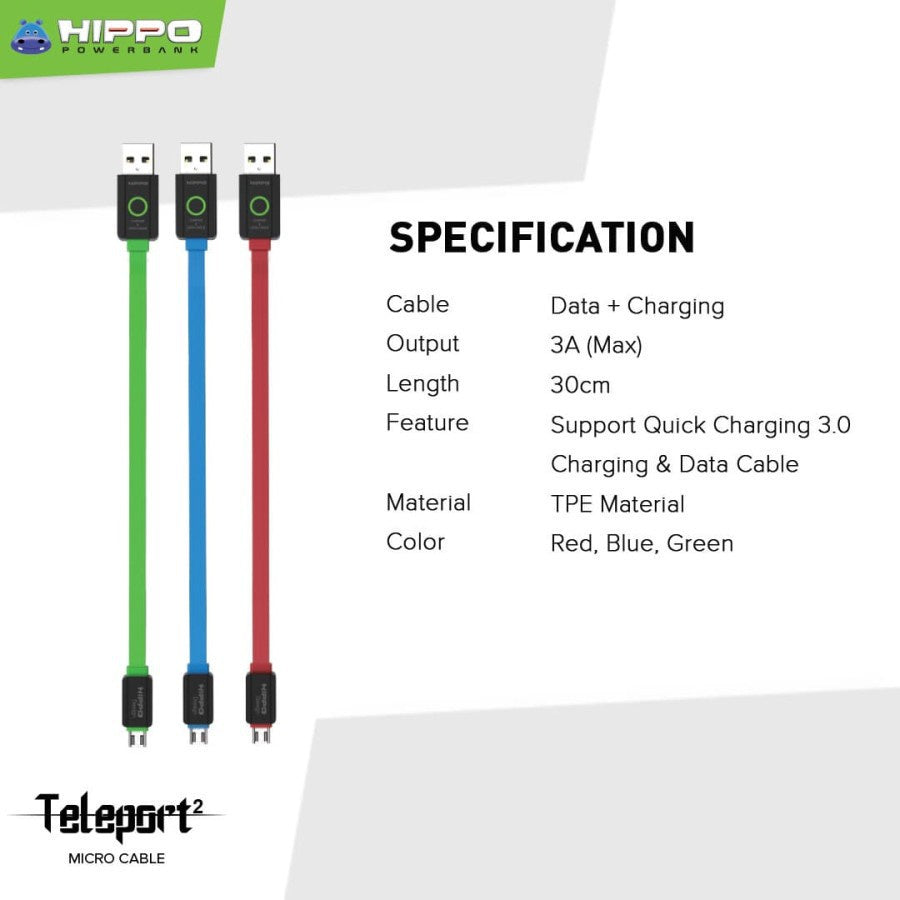 Hippo Kabel Data Teleport 2 USB to Micro 2.4A Quick Charge 3.0 Fast Charging Android HP Data Cable 4