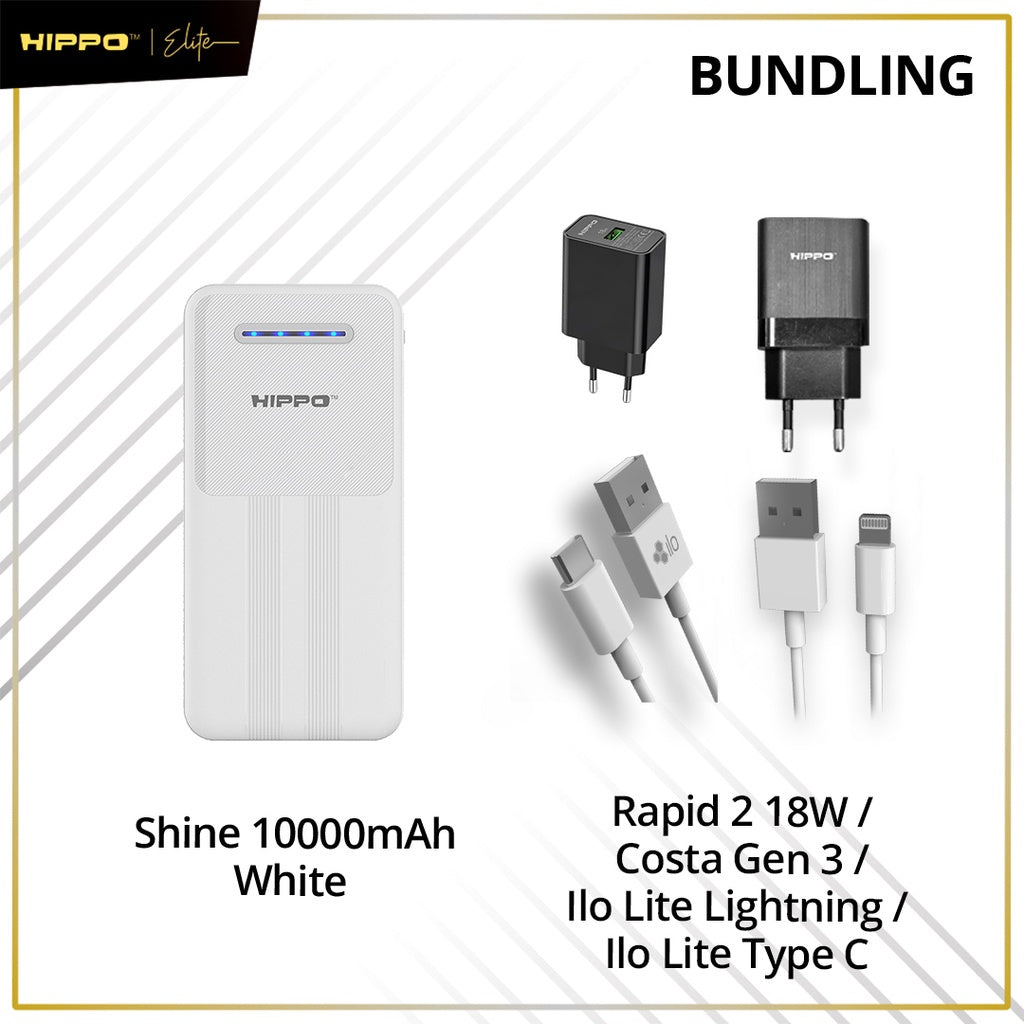 Hippo Bundling Powerbank 10000Mah Shine Smart Detect Charging 2,4A Cable USB Lightning Type Adaptor Kepala Cha 2