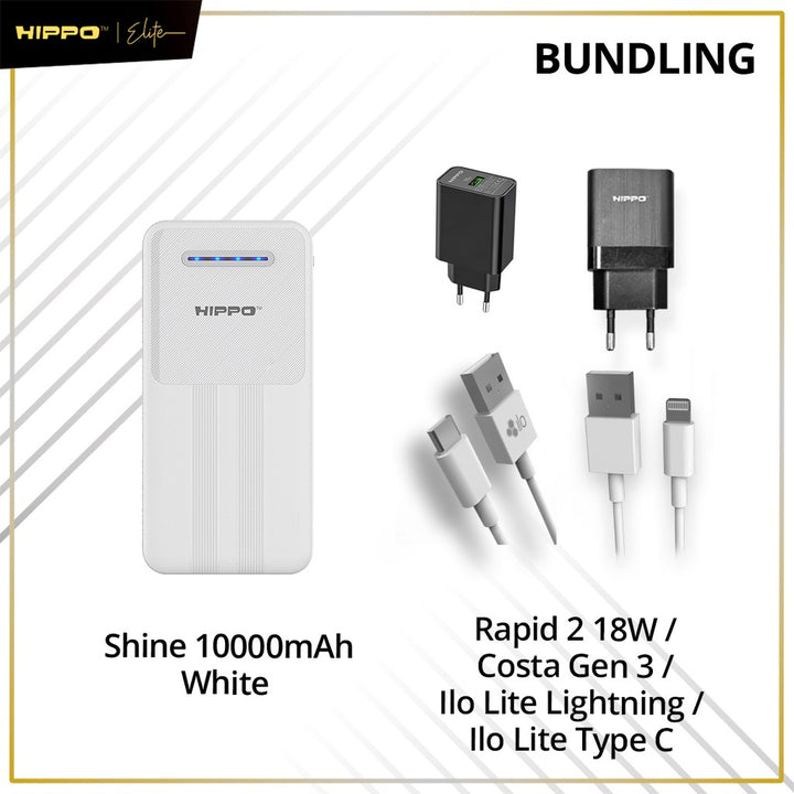 Hippo Bundling Powerbank 10000Mah Shine Smart Detect Charging 2,4A Cable USB Lightning Type Adaptor Kepala Cha 2