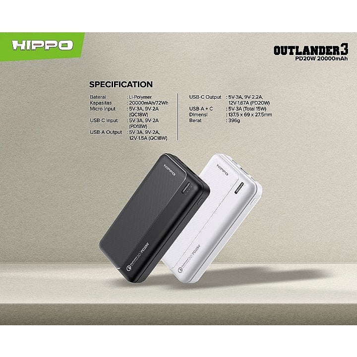 Hippo Outlander PowerBank Fast Charging Quick Charge 3.0 20000Mah USB A+C PD 20W Power Bank Super Fast Chargin 2