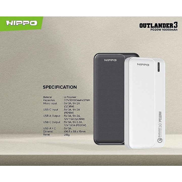 Hippo PowerBank Outlander 3 PD 20W 10000mAh Quick Fast Charging Power Bank Type C Power Delivery QC Dual Port  3