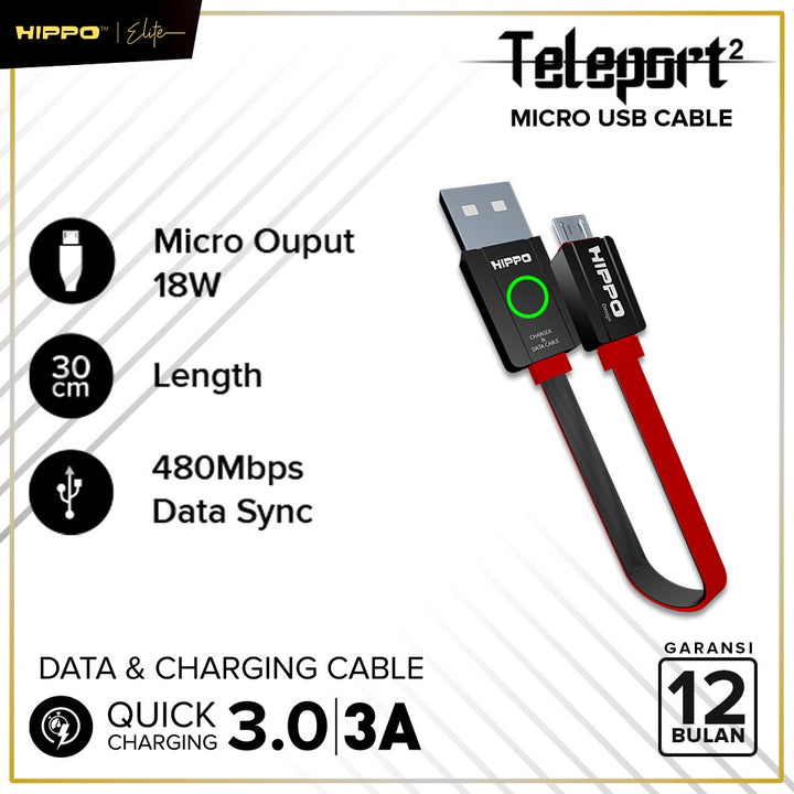 Hippo Kabel Data Teleport 2 USB to Micro 2.4A Quick Charge 3.0 Fast Charging Android HP Data Cable 2