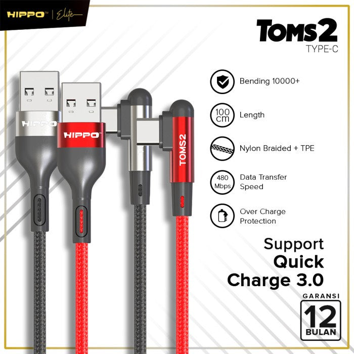 Hippo Kabel Data Gaming Mobile Toms2 USB to TYPE C Fast Charging 3A Cable TYPE C USB Data Colokan L 90 Derajat 2
