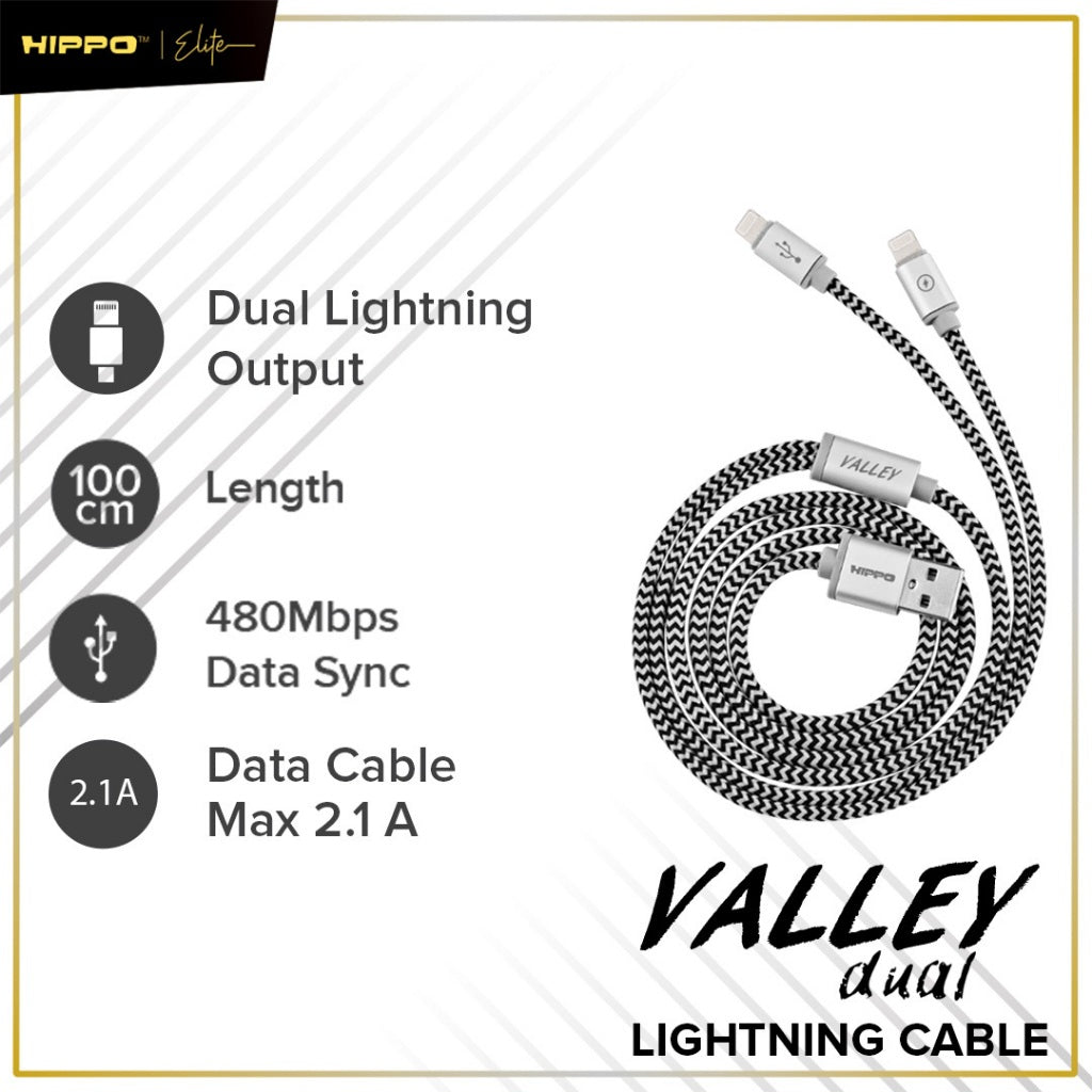Hippo kabel Valley Dual IP5 Grey Dual lightning Data Cabel 2,1A 100cm