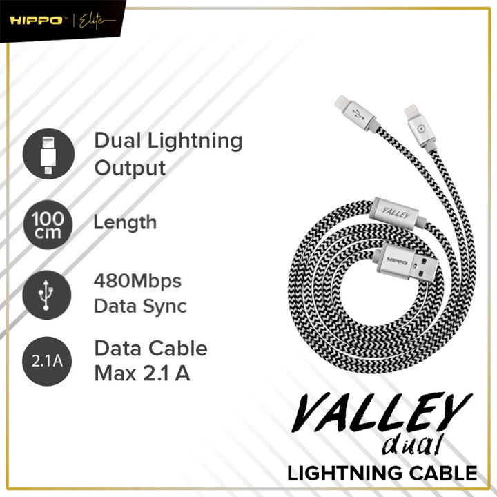 Hippo kabel Valley Dual IP5 Grey Dual lightning Data Cabel 2,1A 100cm