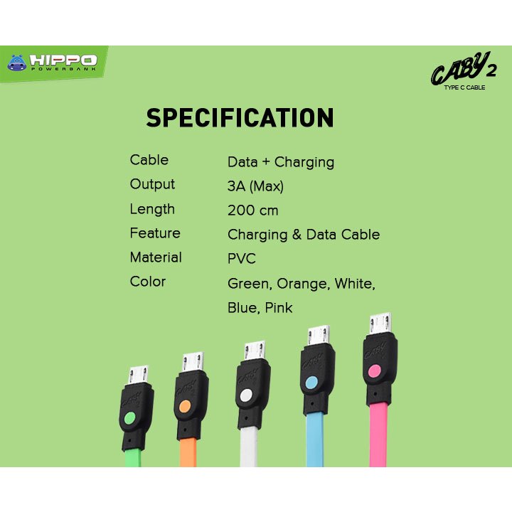 Hippo Caby 2 200cm Type C- kabel data type - C QC 3A 3