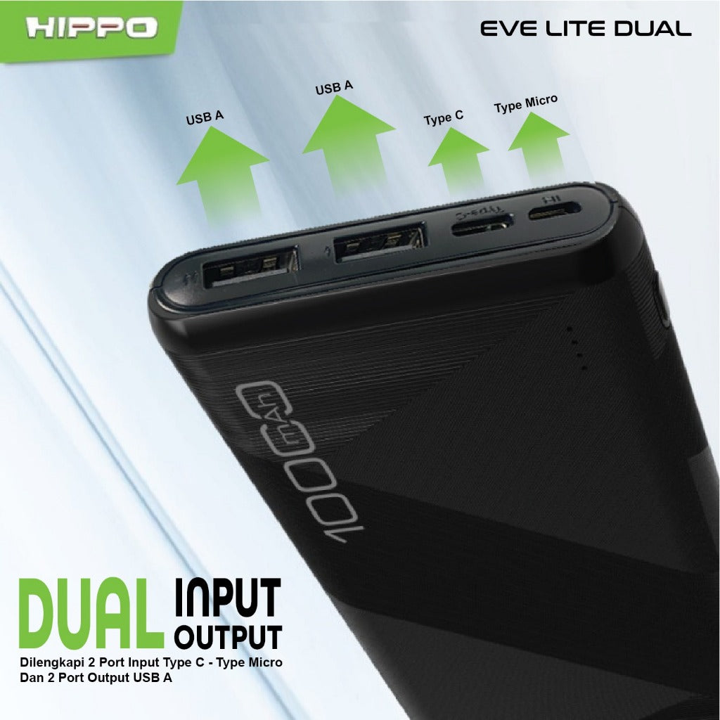 Hippo Powerbank EVE LITE DUAL 10000MAH BLACK Smart Detec Charger 2,4A Flight Friendly Power Bank 4