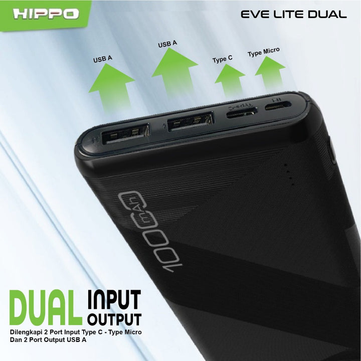Hippo Powerbank EVE LITE DUAL 10000MAH BLACK Smart Detec Charger 2,4A Flight Friendly Power Bank 4