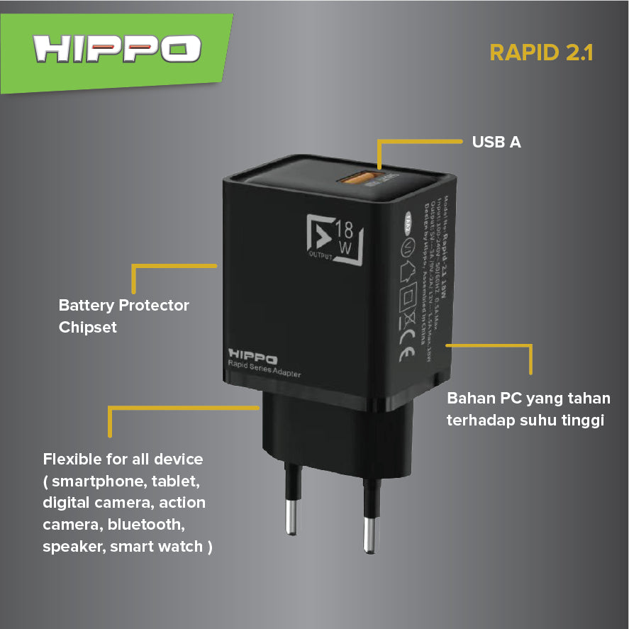 Hippo Adapter Charger RAPID 2.1 QC 18W Quick Charge 3.0 Adaptor Fast Charging  Adaptor Qualcomm 2