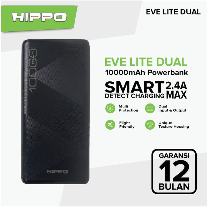 Hippo Powerbank EVE LITE DUAL 10000MAH BLACK Smart Detec Charger 2,4A Flight Friendly Power Bank 2