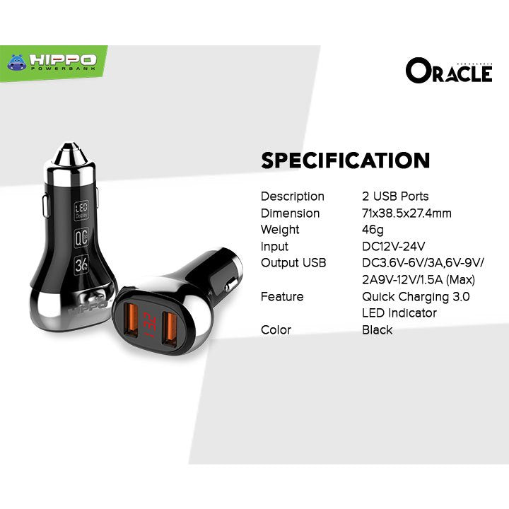 Hippo Oracle Quick Charging 3.0 With LED Indicator Car Charger Garansi Resmi Hippo 5