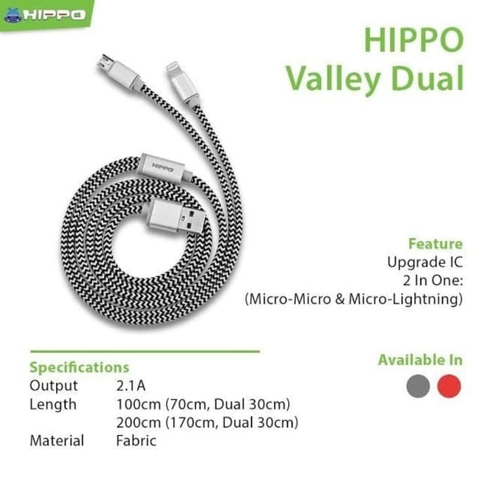 Hippo kabel Valley Dual IP5 Grey Dual lightning Data Cabel 2,1A 100cm 2