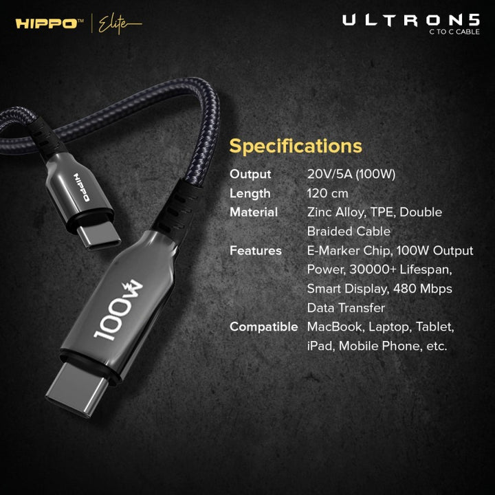 Hippo Elite Ultron 5 PD C to C 100W Kabel Charger Super Fast charging Power Delivery Cable 3