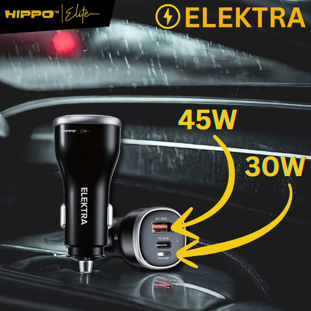 Hippo Elite Car Charger Elektra PD Lightning USB A 3 Port Max 78W 7