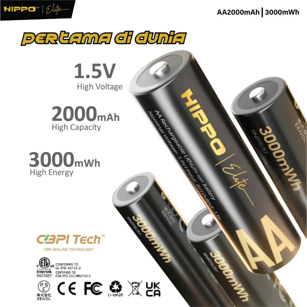 HIPPO TANOS BATERAI ONLY (AA 4 PCS) BATERAI ISI ULANG AA 1.5V 2000 MAH LI-ION NEW ENERGY RECHARGABLE GARANSI R 2