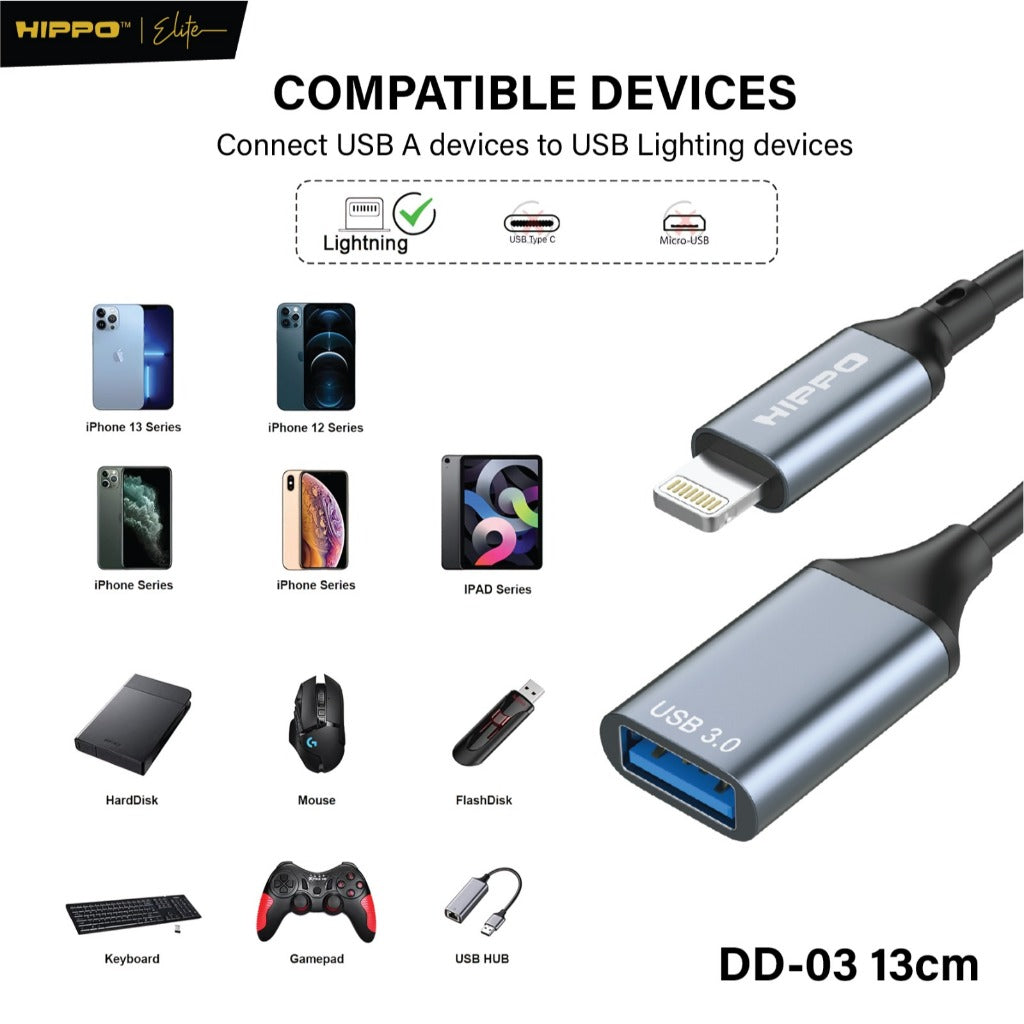 HIPPO OTG DD-03 13Cm USB A TO Lightning USB 3.0 Adapter Converter Plug Play Flashdisk Data untuk Iphone 7 8 X  4