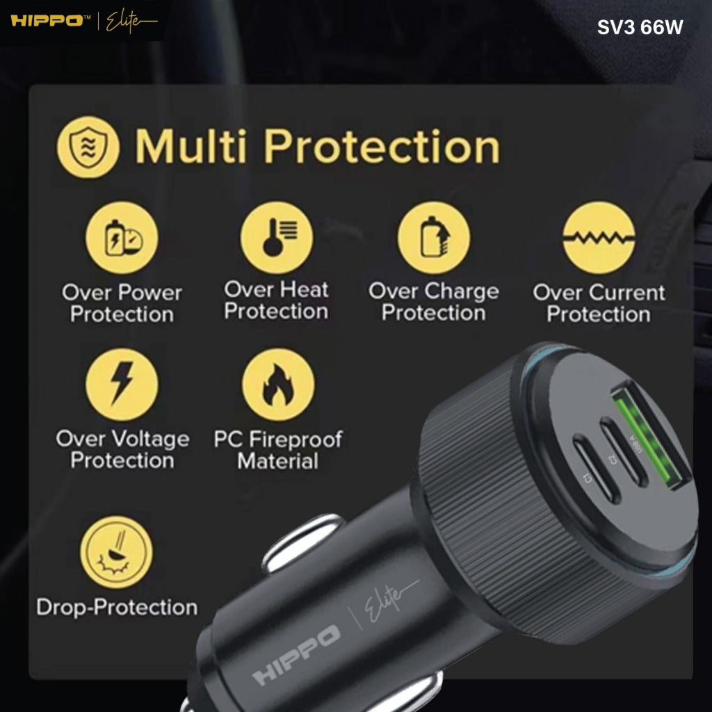 Hippo Elite CAR Charger SV3 66W Total Output - BLACK Triple 3 Ports (2 USB-C Ports &amp; 1 USB-A Port) 2
