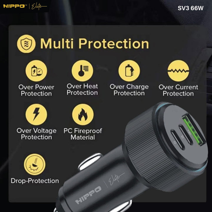 Hippo Elite CAR Charger SV3 66W Total Output - BLACK Triple 3 Ports (2 USB-C Ports &amp; 1 USB-A Port) 2