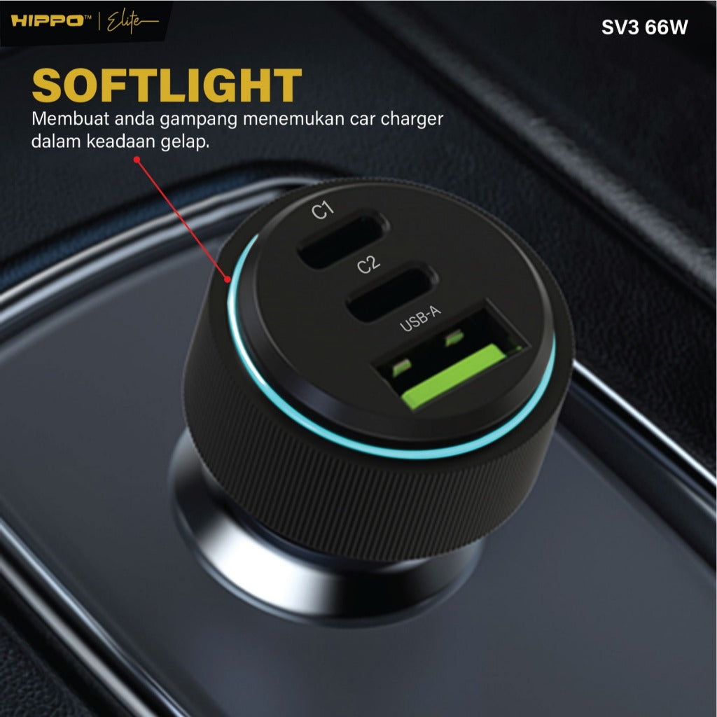 Hippo Elite CAR Charger SV3 66W Total Output - BLACK Triple 3 Ports (2 USB-C Ports &amp; 1 USB-A Port) 7
