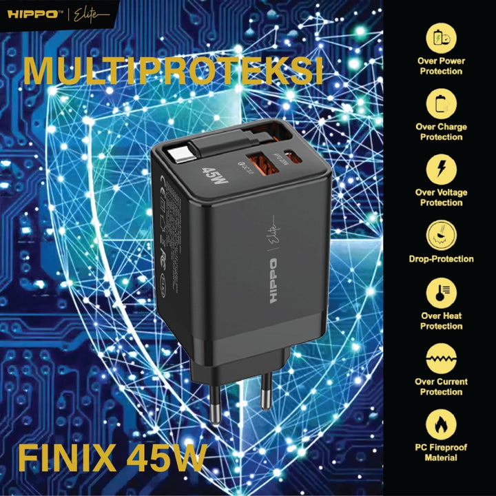 Hippo Elite Adaptor Finix Gan 45 Watt Pd Usb A Usb C Built In Cable Kepala Charger Casan Adapter Power Deliver 9