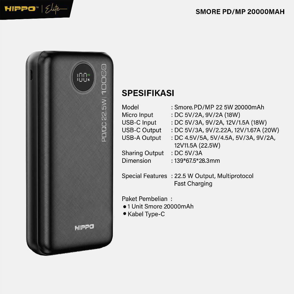 Hippo Powerbank Smore PD 22,5W 20000mAh Quick Fast Charging Power Bank Type C Power Delivery QC 5 2 Port Outpu 9
