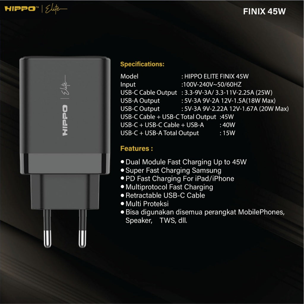 Hippo Elite Adaptor Finix Gan 45 Watt Pd Usb A Usb C Built In Cable Kepala Charger Casan Adapter Power Deliver 8