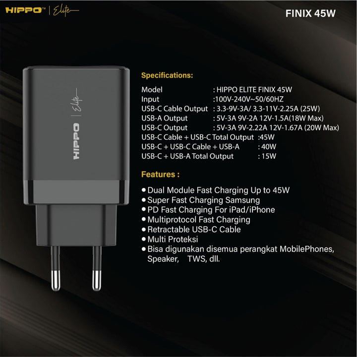 Hippo Elite Adaptor Finix Gan 45 Watt Pd Usb A Usb C Built In Cable Kepala Charger Casan Adapter Power Deliver 8