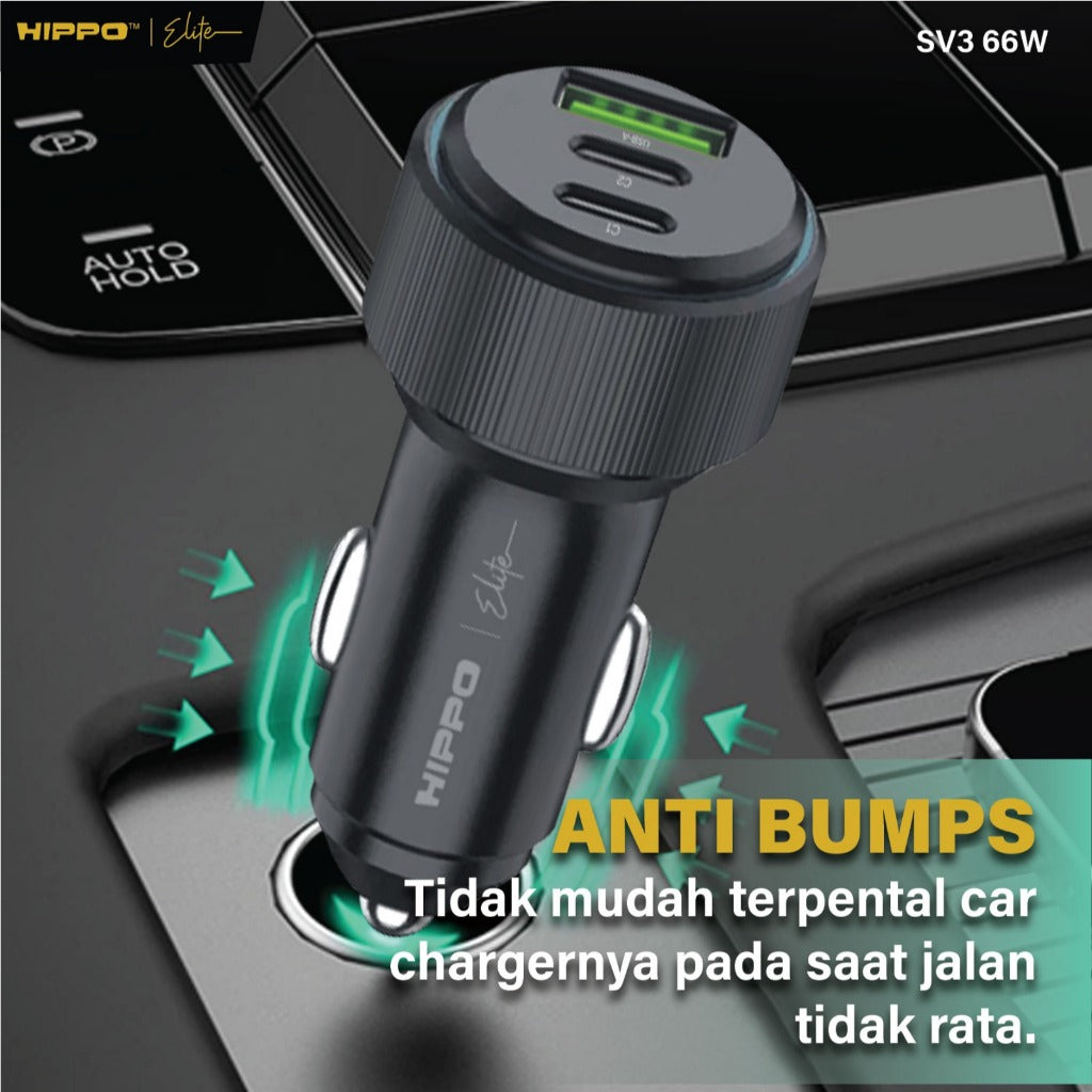 Hippo Elite CAR Charger SV3 66W Total Output - BLACK Triple 3 Ports (2 USB-C Ports &amp; 1 USB-A Port) 5