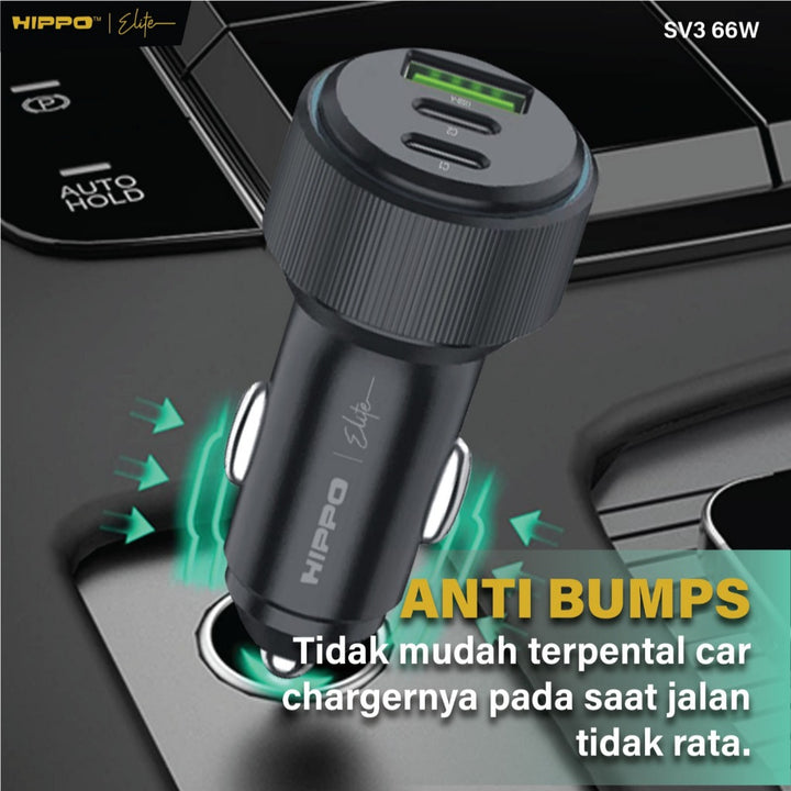 Hippo Elite CAR Charger SV3 66W Total Output - BLACK Triple 3 Ports (2 USB-C Ports &amp; 1 USB-A Port) 5