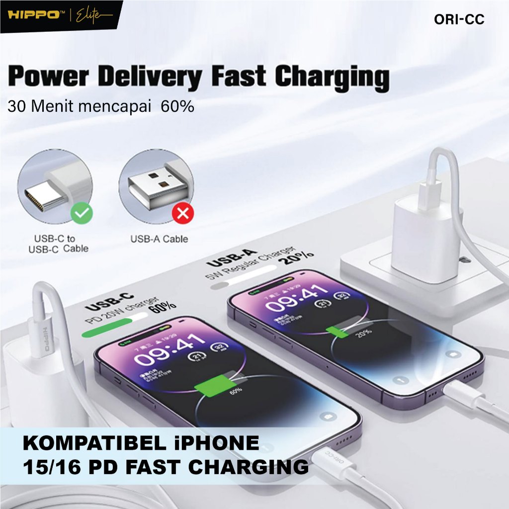 Hippo Elite Cable CC Original 100 CM 60W C TO C  White Suport Super Fast Charging 3