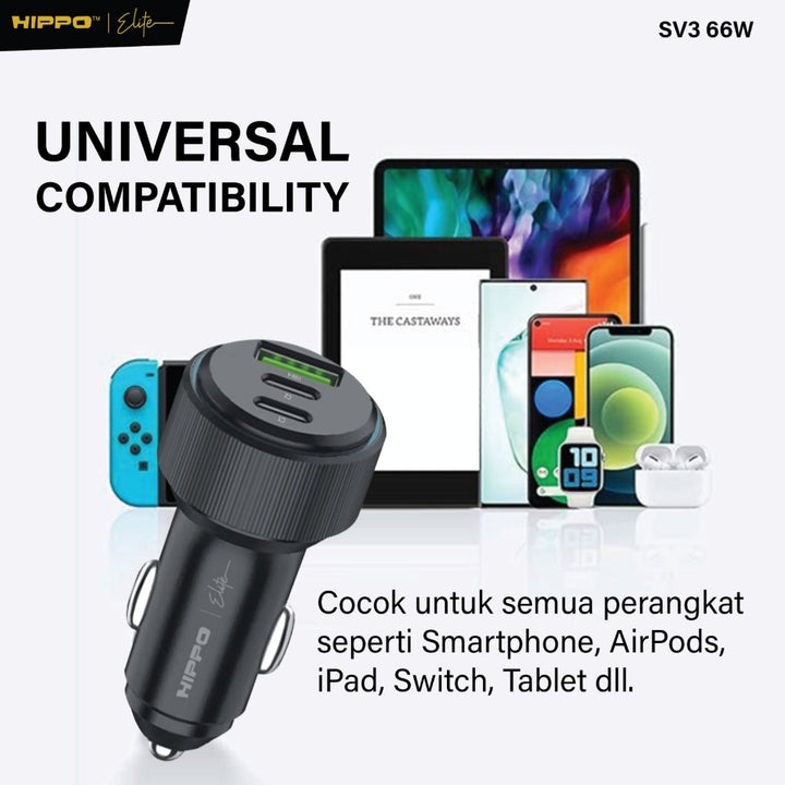 Hippo Elite CAR Charger SV3 66W Total Output - BLACK Triple 3 Ports (2 USB-C Ports &amp; 1 USB-A Port) 4