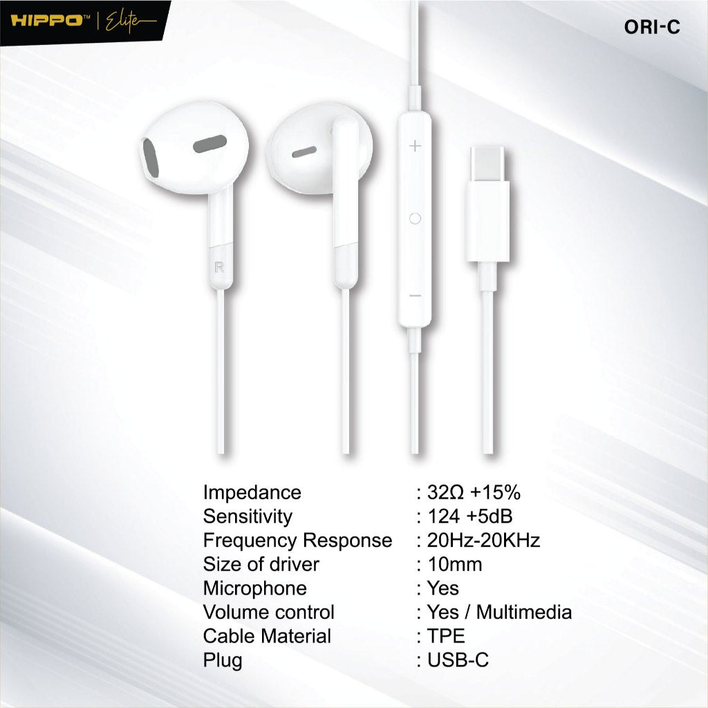 Hippo Elite Earphone Wired ORI-C Satuan Android Pad Earphone Headset Type-C Smart Button 9