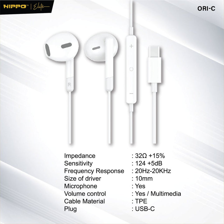 Hippo Elite Earphone Wired ORI-C Satuan Android Pad Earphone Headset Type-C Smart Button 9