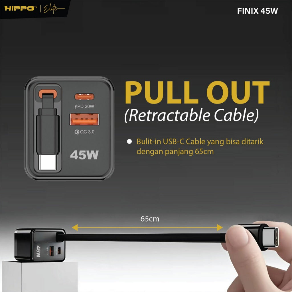 Hippo Elite Adaptor Finix Gan 45 Watt Pd Usb A Usb C Built In Cable Kepala Charger Casan Adapter Power Deliver 7