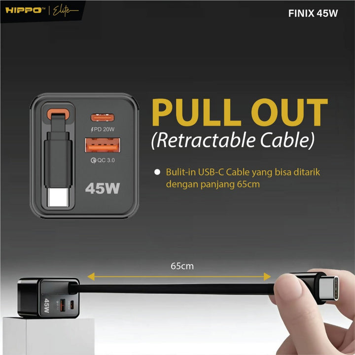 Hippo Elite Adaptor Finix Gan 45 Watt Pd Usb A Usb C Built In Cable Kepala Charger Casan Adapter Power Deliver 7