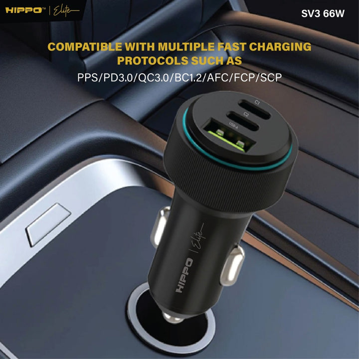 Hippo Elite CAR Charger SV3 66W Total Output - BLACK Triple 3 Ports (2 USB-C Ports &amp; 1 USB-A Port) 8