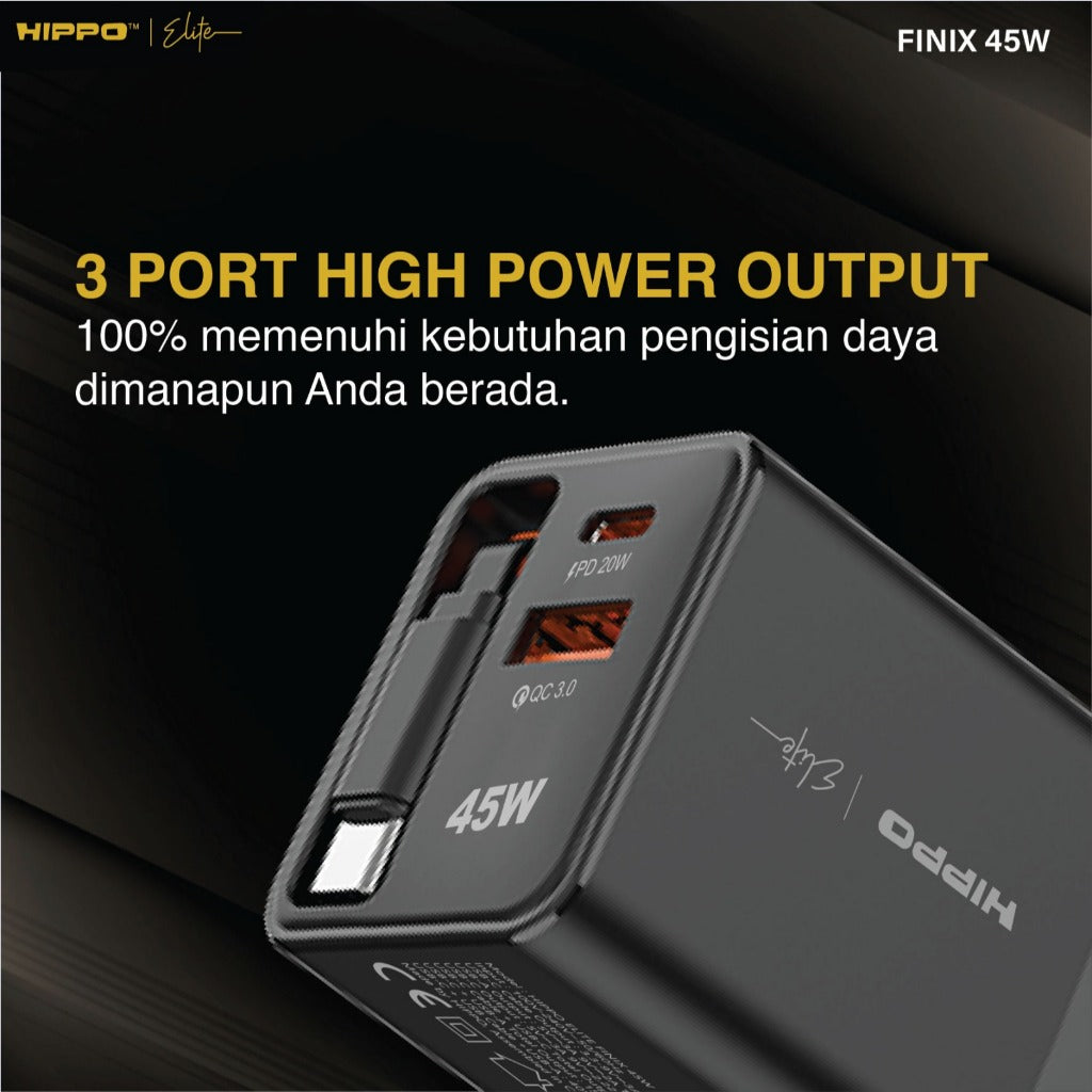 Hippo Elite Adaptor Finix Gan 45 Watt Pd Usb A Usb C Built In Cable Kepala Charger Casan Adapter Power Deliver 4