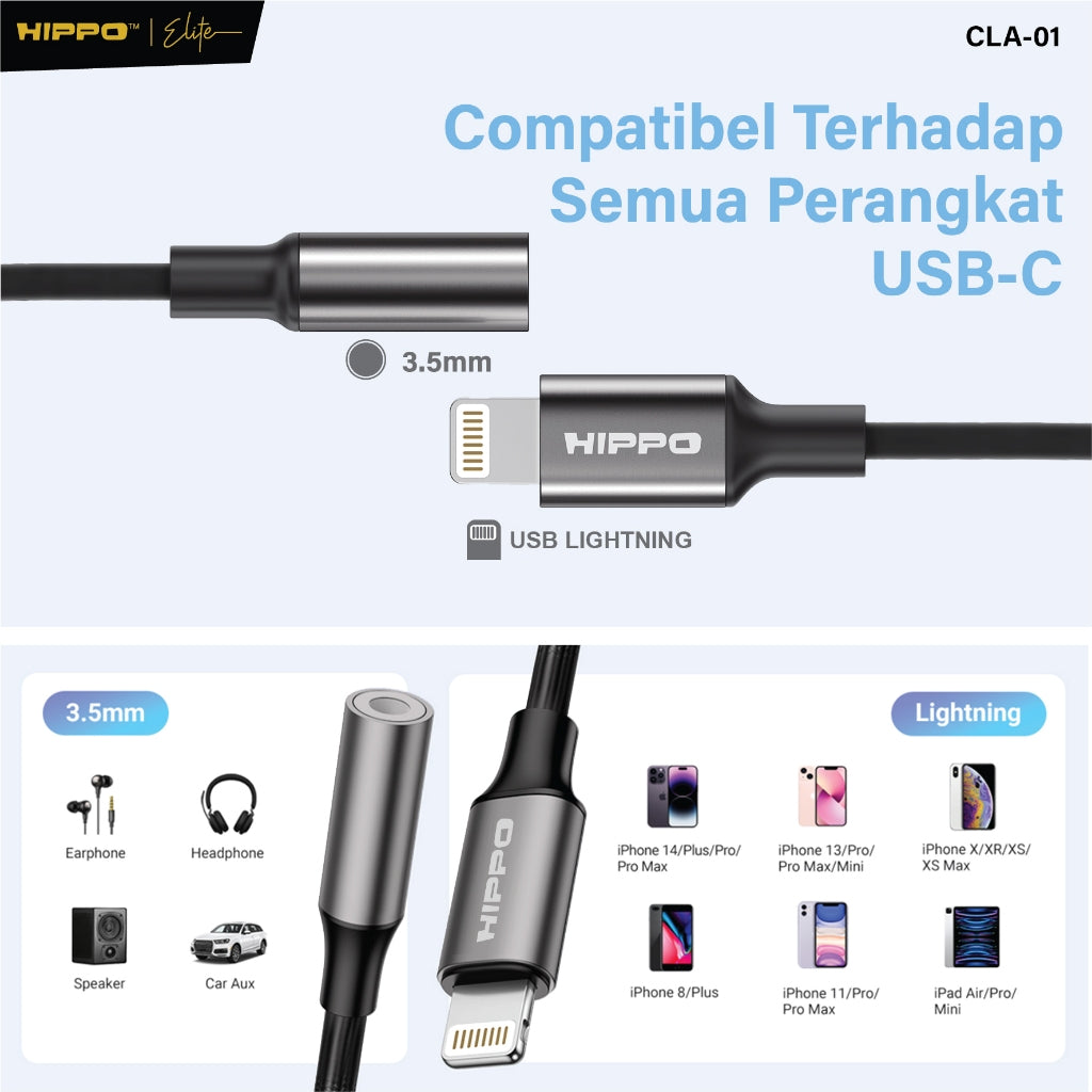 HIPPO Kabel CONVERTER CLA-01 Lightning to DC Aux 3.5mm Audio Open Mic untuk Iphone 7 8 X XR 11 12 13 14 Pro Ma 4
